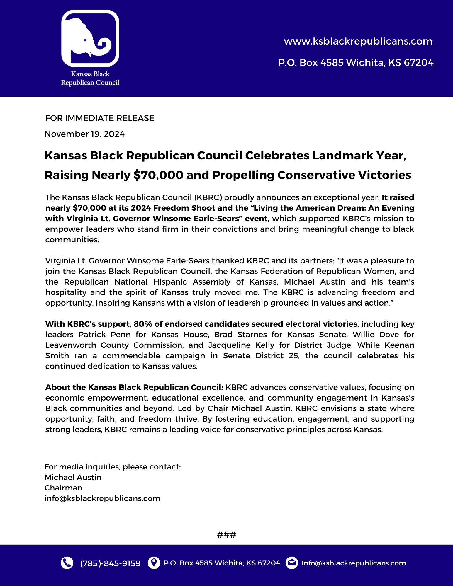 Press Release: KBRC Celebrates Landmark Year, Raising Nearly $70,000 & Propelling Conservative Victories